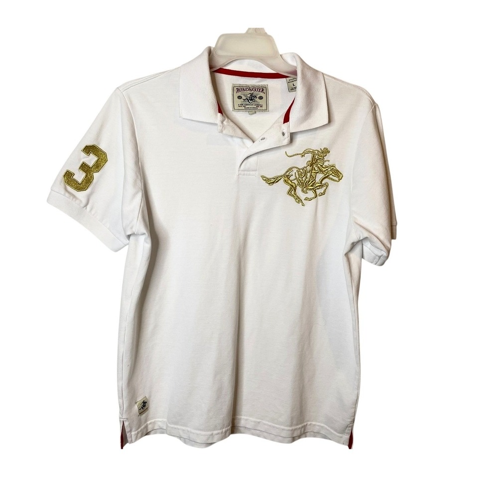 Winchester Men's White Cowboy Rider Polo Shirt Size Large Big Pony Logo